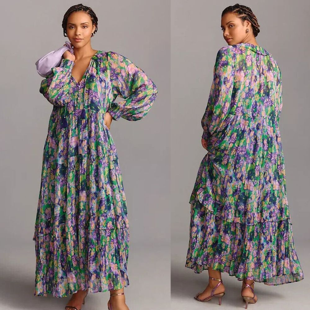 Anthropologie Marais Chiffon Maxi Dress Printed Tiered Watercolor Size 3X